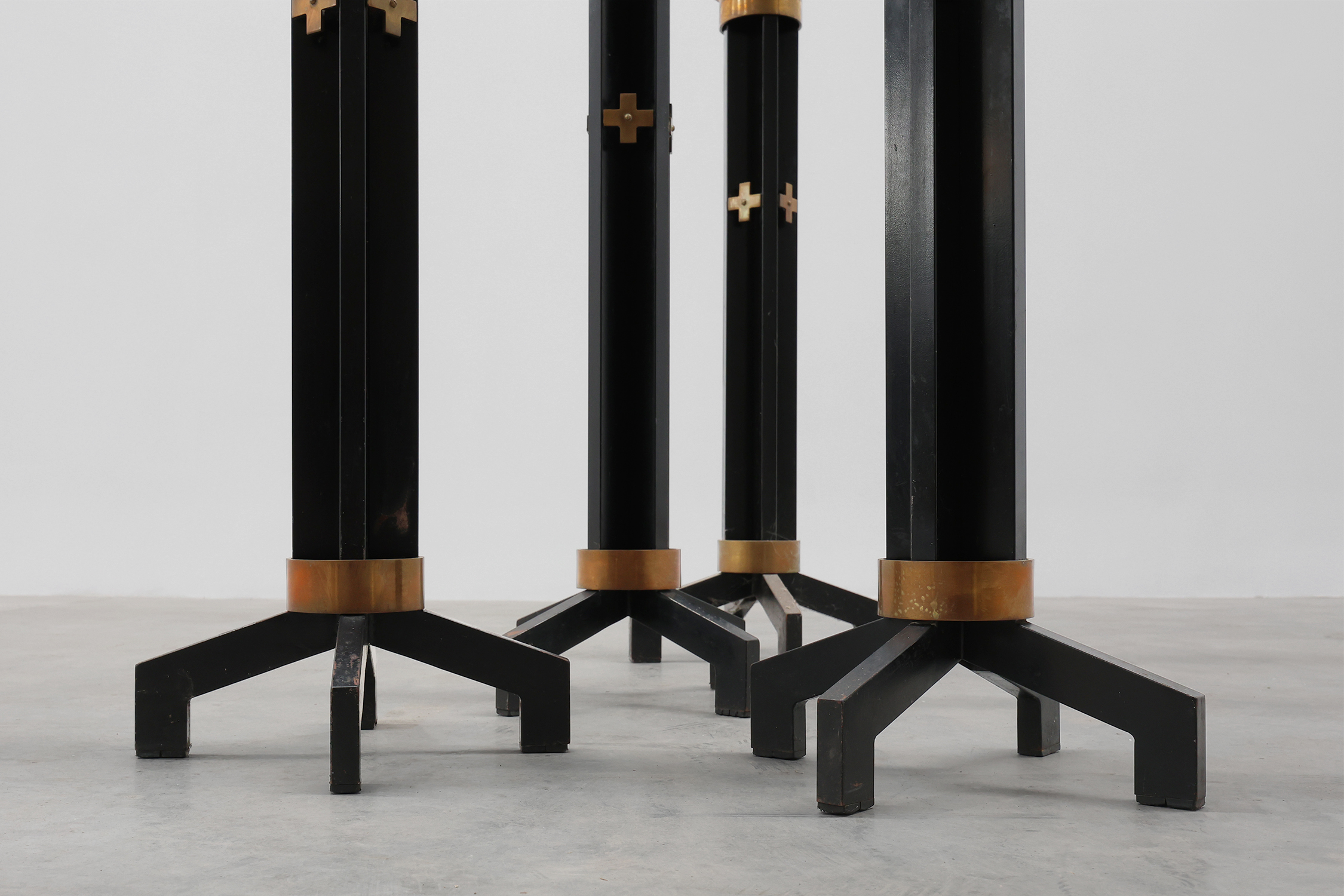 Rare set of 4 very large church candle sticks in black metal and copper, 1960sthumbnail
